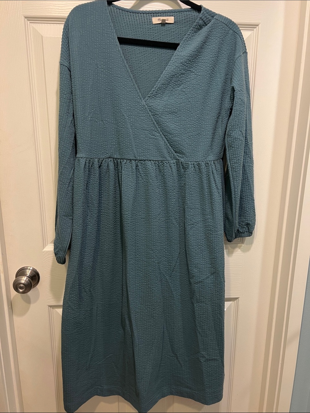 Madewell Blue/Green Long-Sleeve V-Neck Textured Midi Dress Small